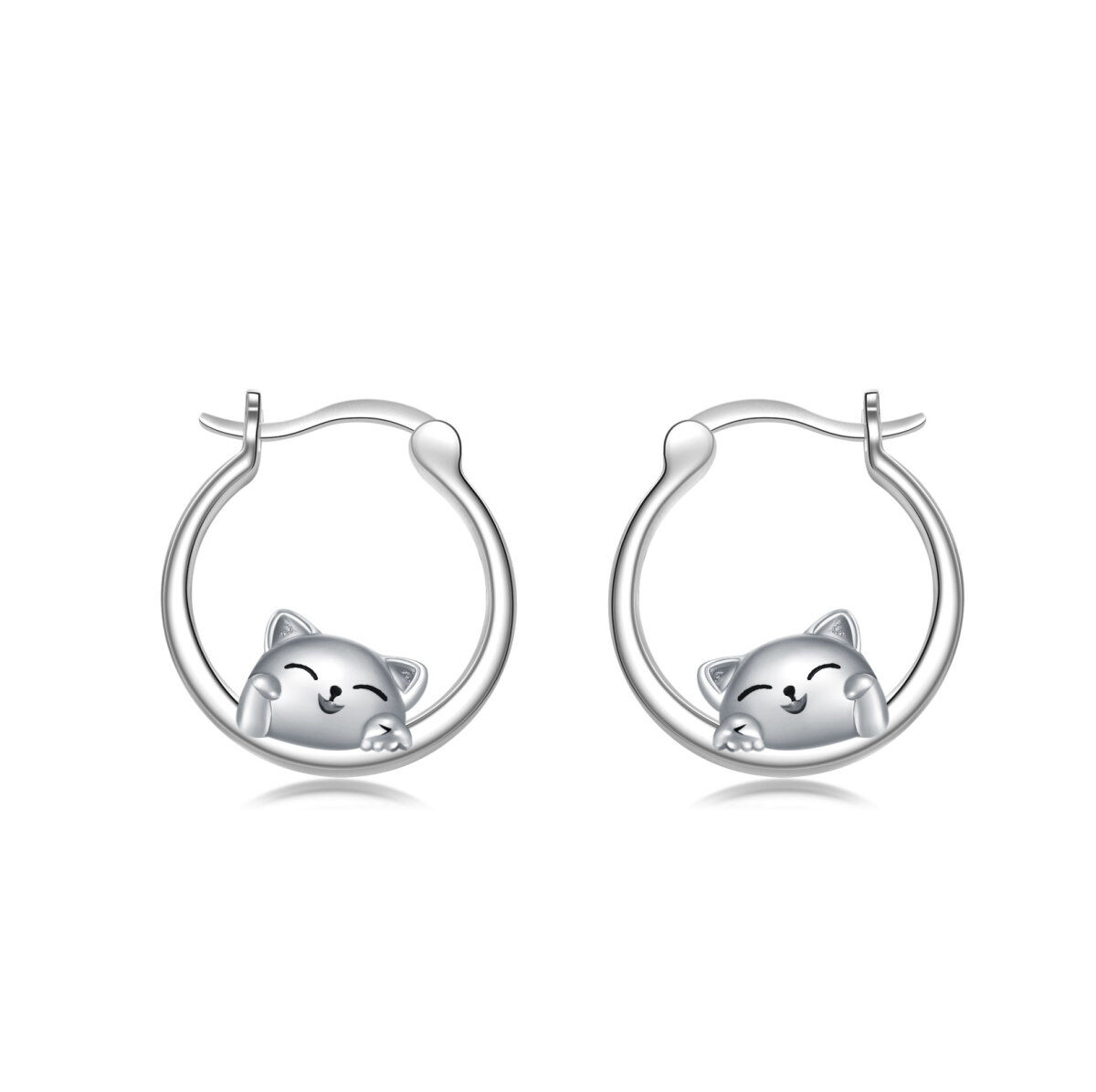 Sterling Silver Lucky Cat Hoop Earrings-1