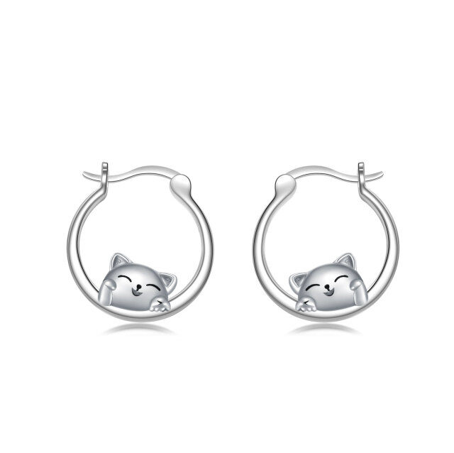 Sterling Silver Lucky Cat Hoop Earrings-0