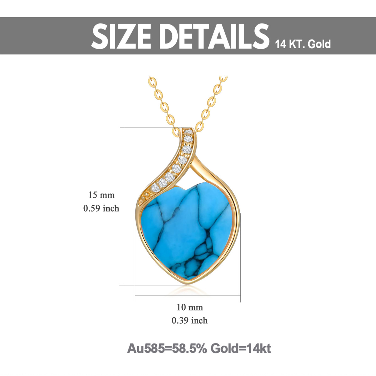 Collier en or 14K avec pendentif diamant et turquoise en forme de coeur-5
