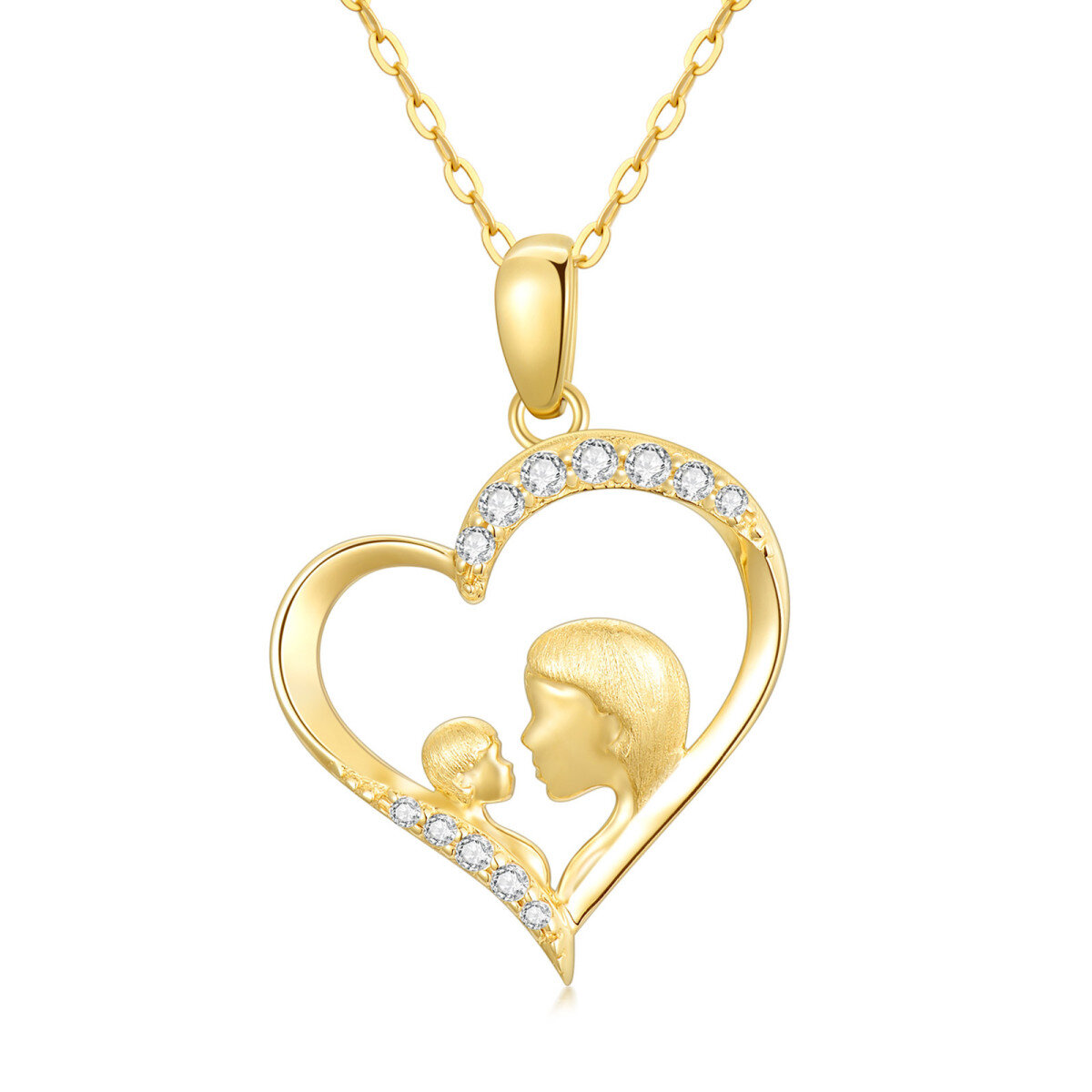 Collar de oro de 14 quilates de circonio cúbico madre y corazón colgante-1