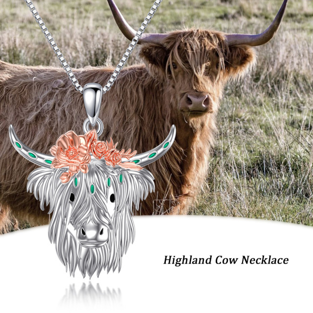 Zweifarbige Sterling Silber Highland Kuh & Rose Anhänger Halskette-5