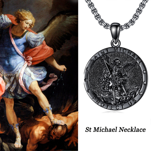 Sterling Silver with Black Rhodium Color Saint Michael Pendant Necklace with Engraved Word for Men-2