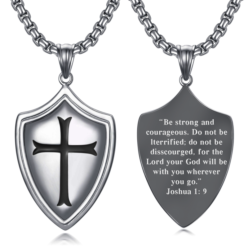 Sterling Silver with Black Rhodium Color Cross & Shield Pendant Necklace