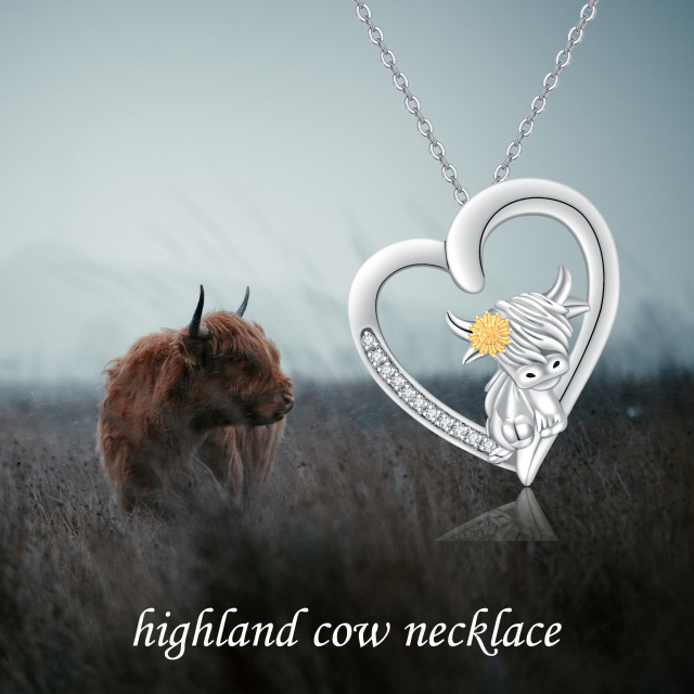 Sterling Silver Two-tone Round Cubic Zirconia Highland Cow & Heart Pendant Necklace-2
