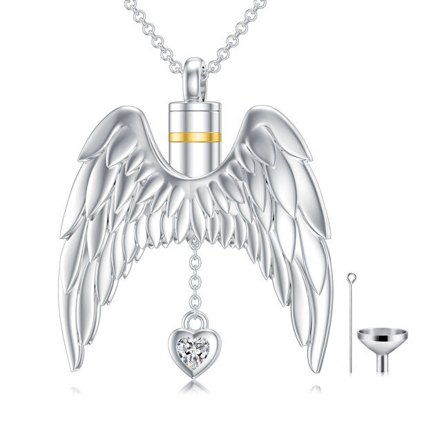 Sterling Silver Two-tone Cubic Zirconia Angel Wings Urn Necklace for Ashes-1