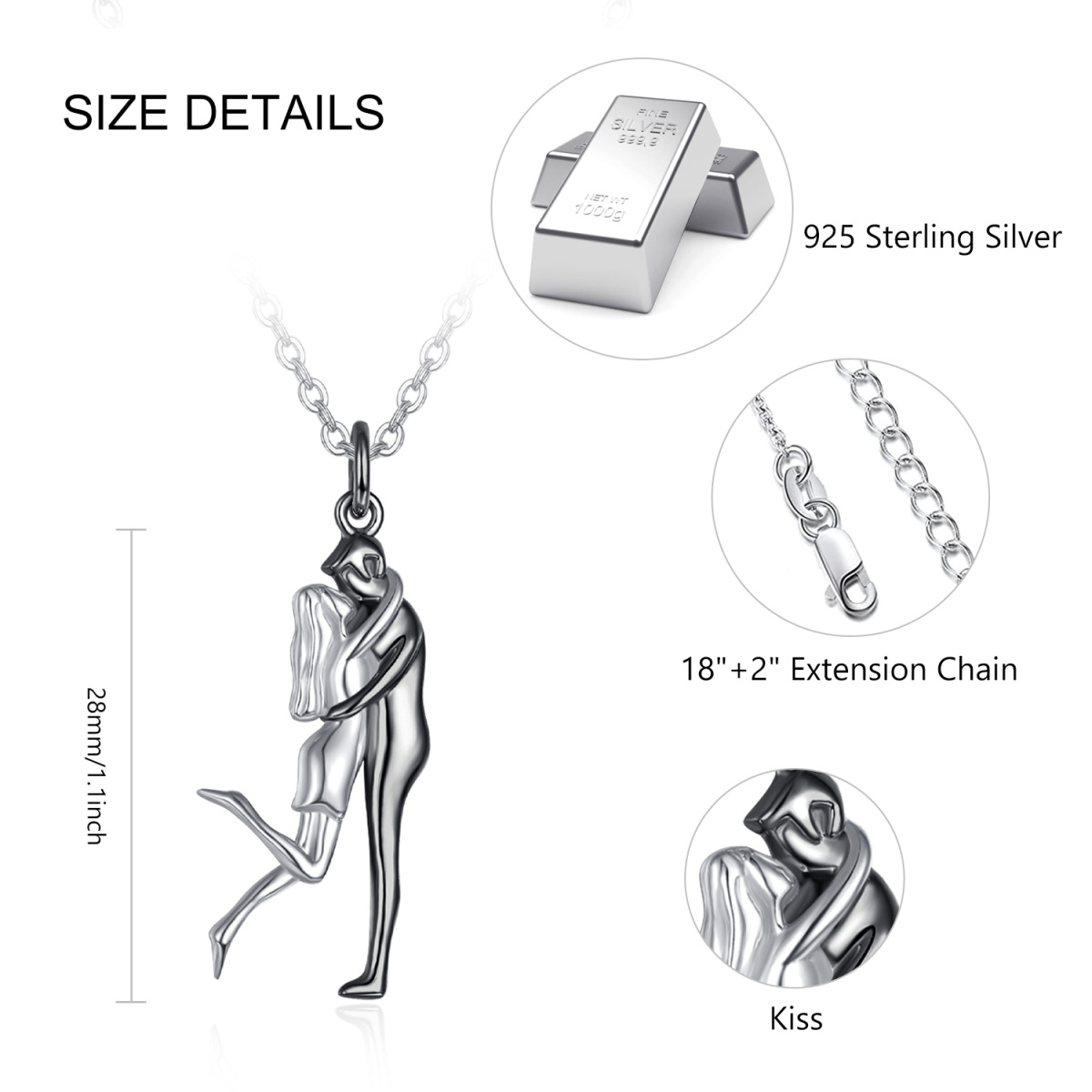 Sterling Silver Two-tone Lover Couples Embrace Pendant Necklace-5