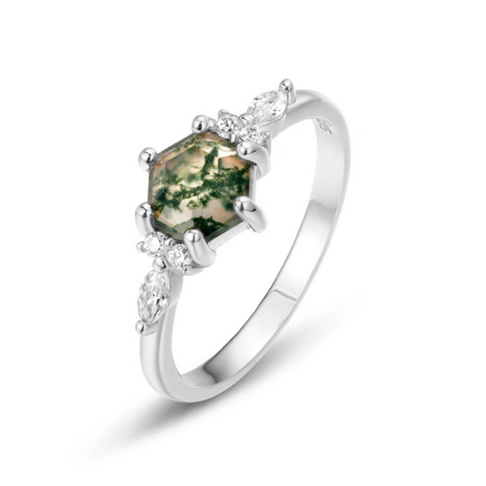 Sterling Silver Hexagon Moss Agate Engagement Ring
