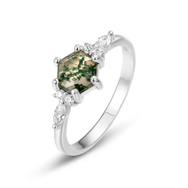 Sterling Silver Hexagon Moss Agate Engagement Ring-0