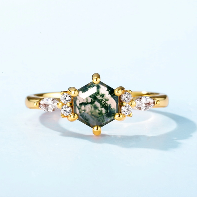 Sterling Silver Hexagon Moss Agate Engagement Ring-4