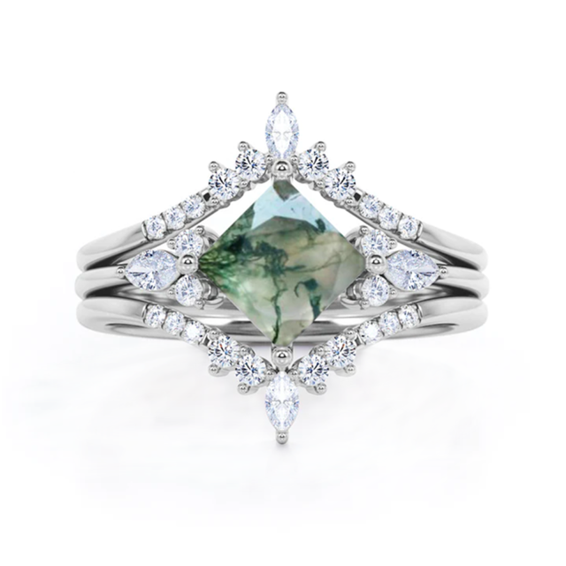 Sterling Silver Moissanite & Moss Agate Engagement Ring-0