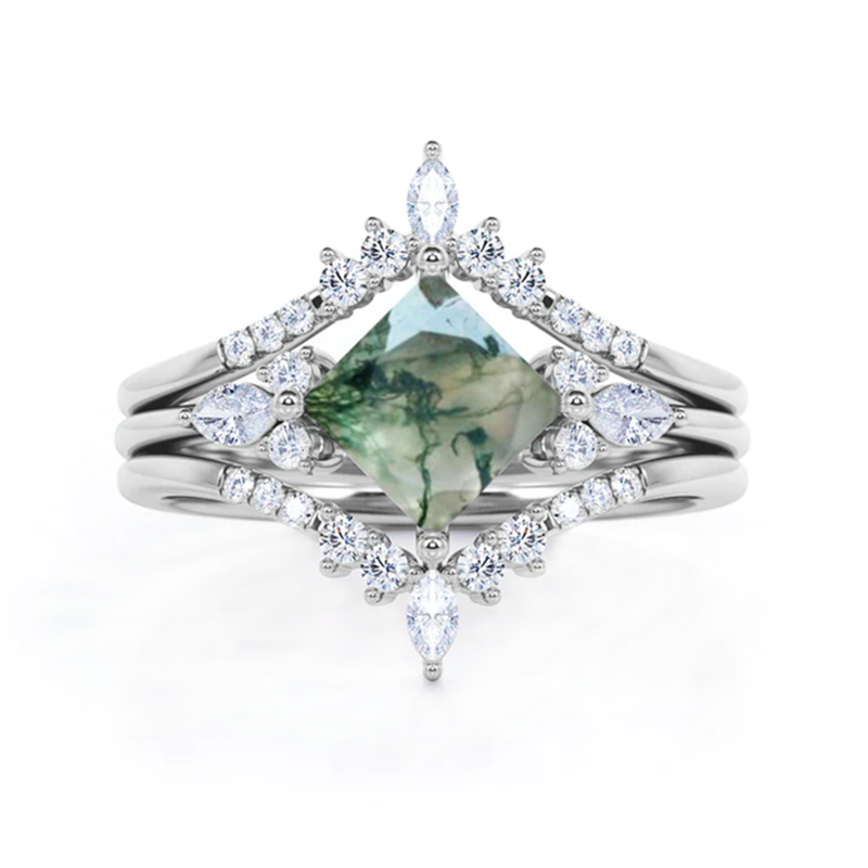 Sterling Silver Moissanite & Moss Agate Engagement Ring