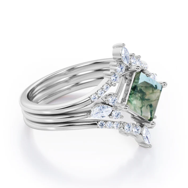 Sterling Silver Moissanite & Moss Agate Engagement Ring-3