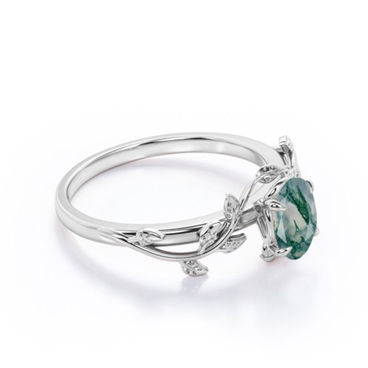 Sterling Silver Pear Shaped Moss Agate Ivy Engagement Ring-6