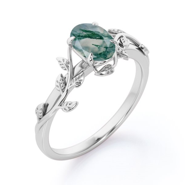 Sterling Silver Pear Shaped Moss Agate Ivy Engagement Ring-4