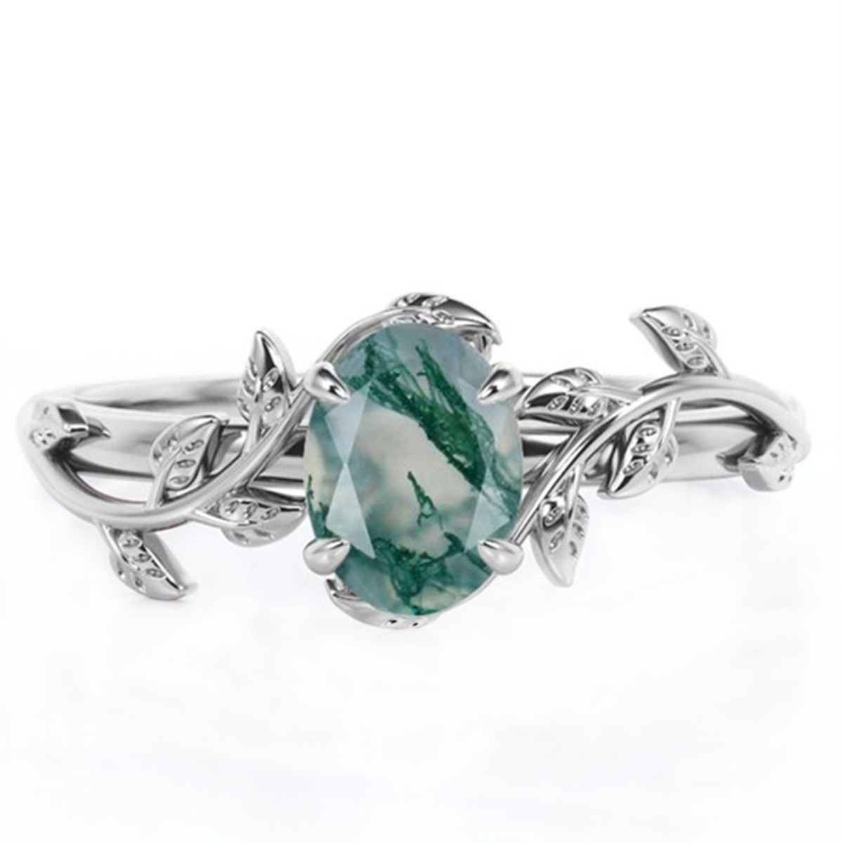 Sterling Silver Pear Shaped Moss Agate Ivy Engagement Ring-1