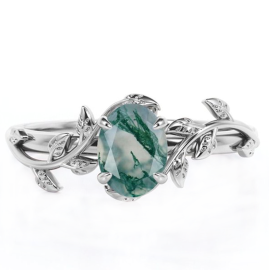 Sterling Silver Pear Shaped Moss Agate Ivy Engagement Ring