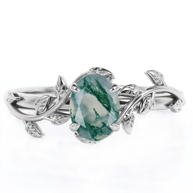 Sterling Silver Pear Shaped Moss Agate Ivy Engagement Ring-0