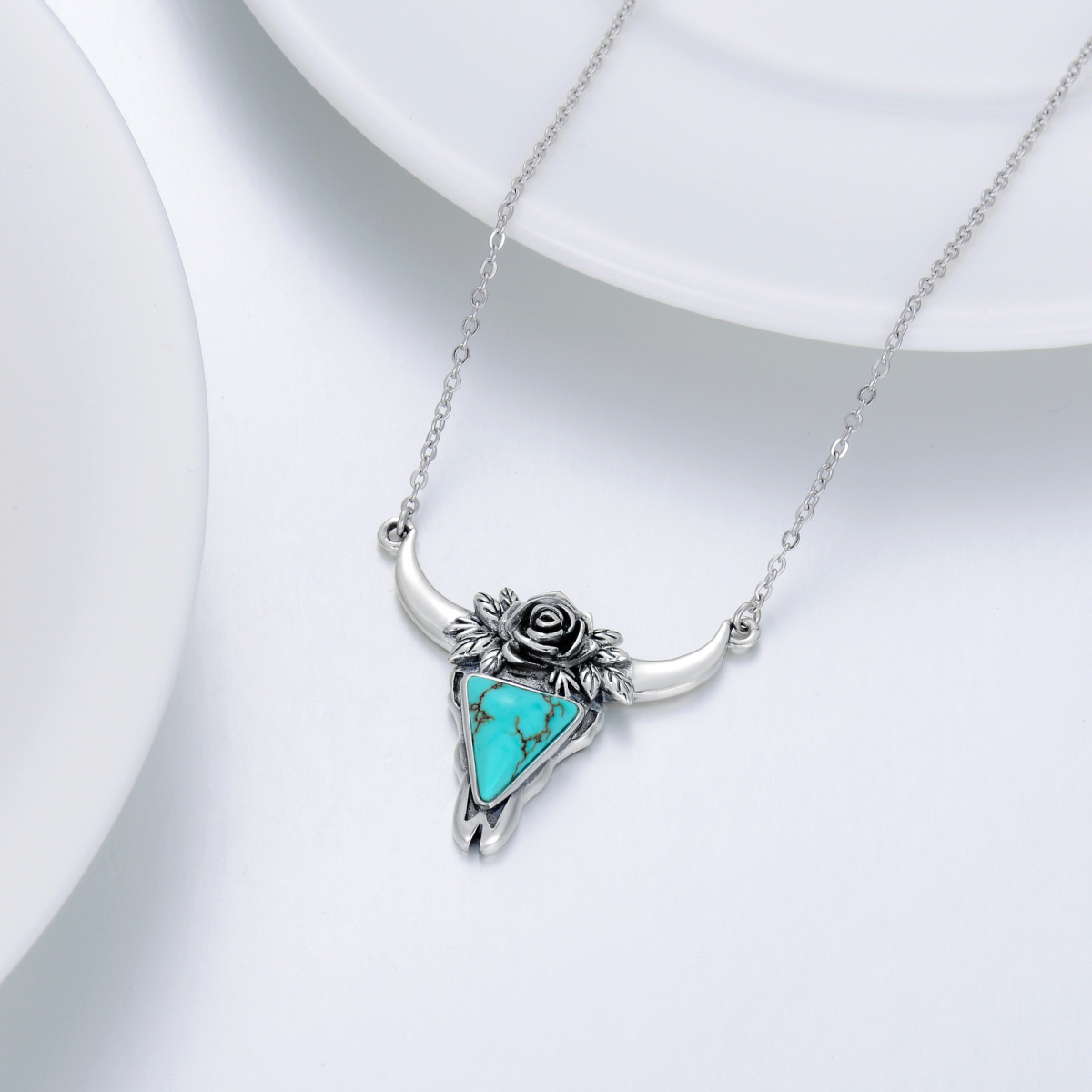 Sterling Silver Turquoise Cow Pendant Necklace-5