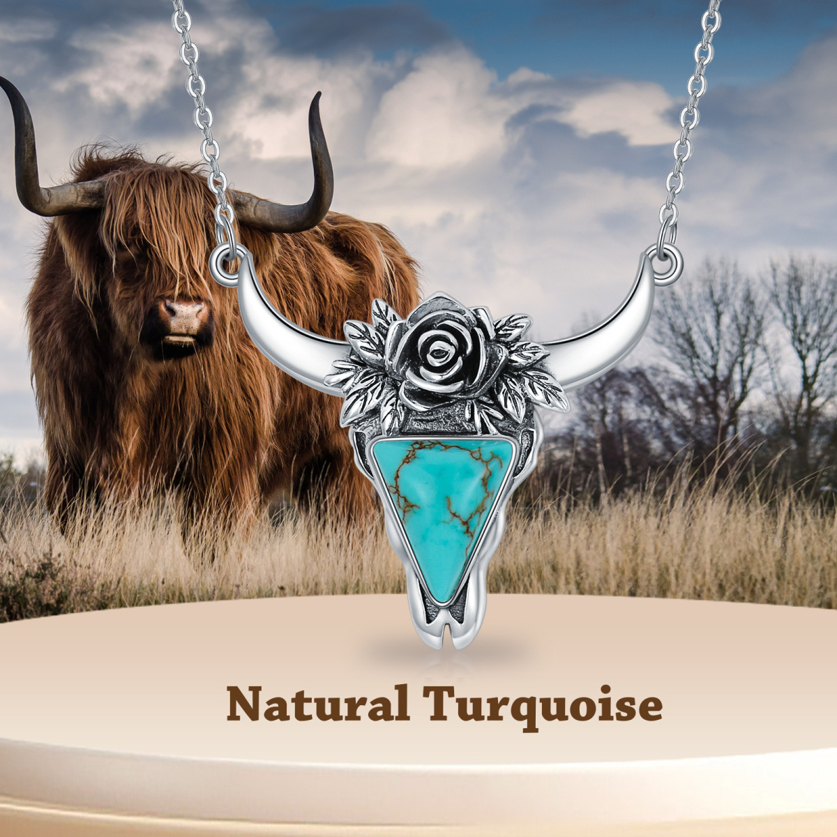 Sterling Silver Turquoise Cow Pendant Necklace-3