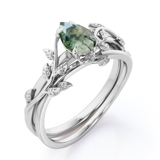 Sterling Silver Drop Shaped Moss Agate Ivy Engagement Ring-2