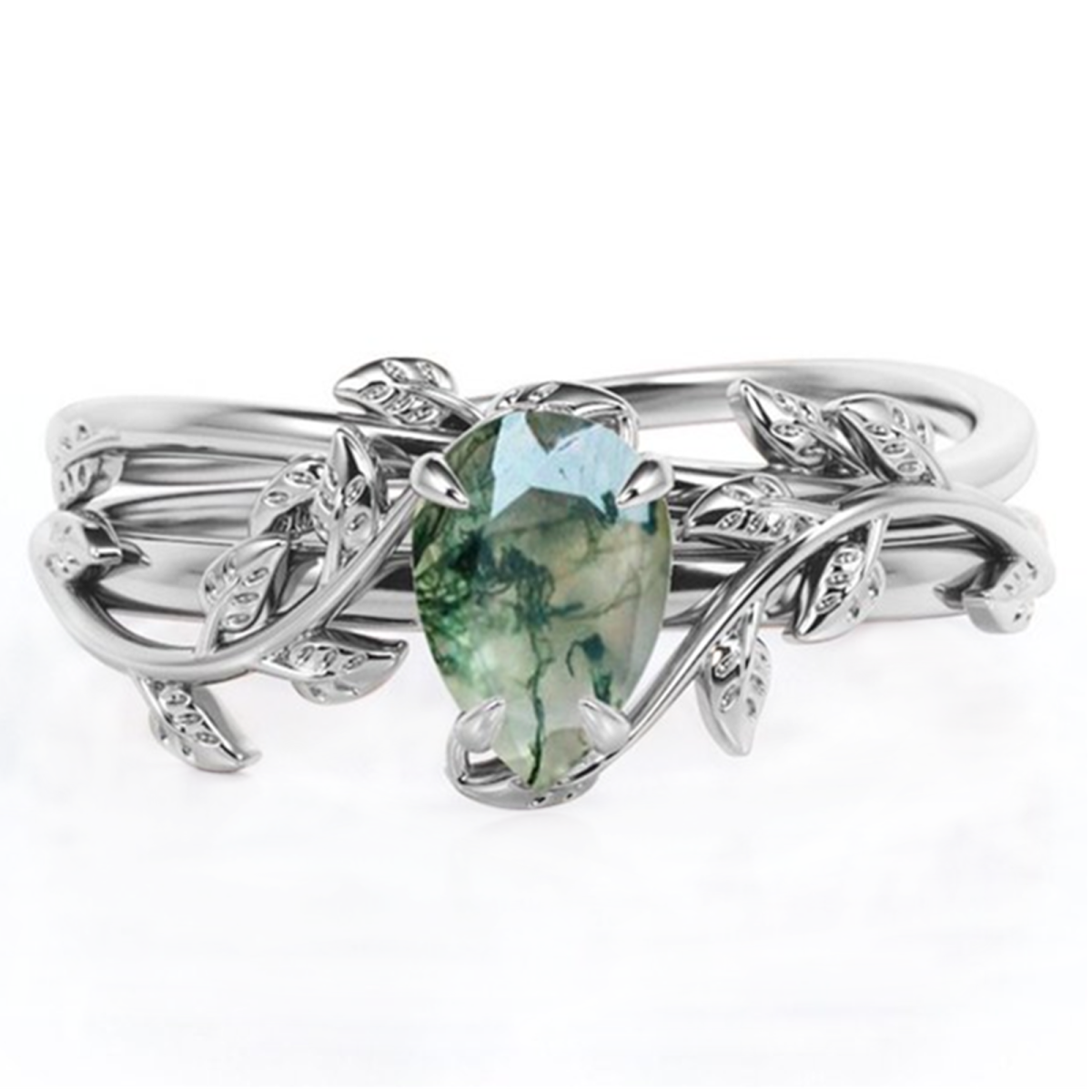 Sterling Silver Drop Shaped Moss Agate Ivy Engagement Ring-1