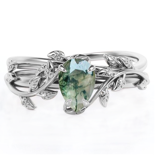 Sterling Silver Drop Shaped Moss Agate Ivy Engagement Ring