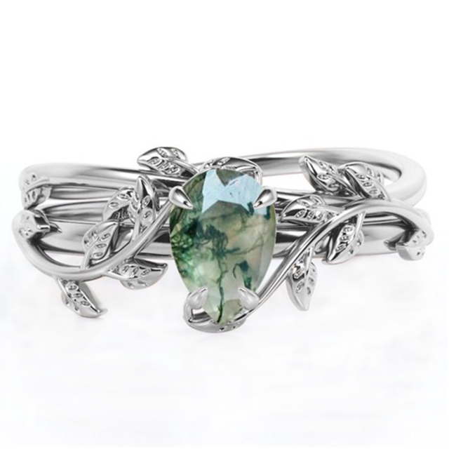 Sterling Silver Drop Shaped Moss Agate Ivy Engagement Ring-0