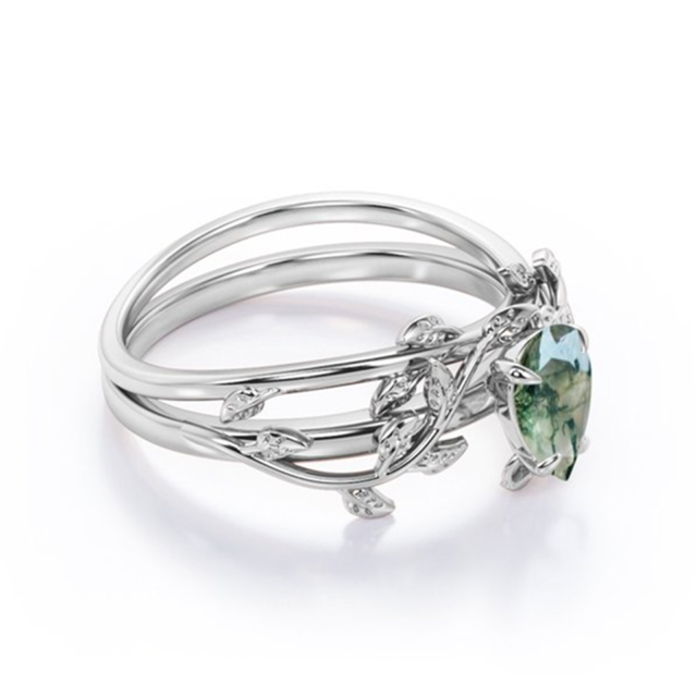 Sterling Silver Drop Shaped Moss Agate Ivy Engagement Ring-3