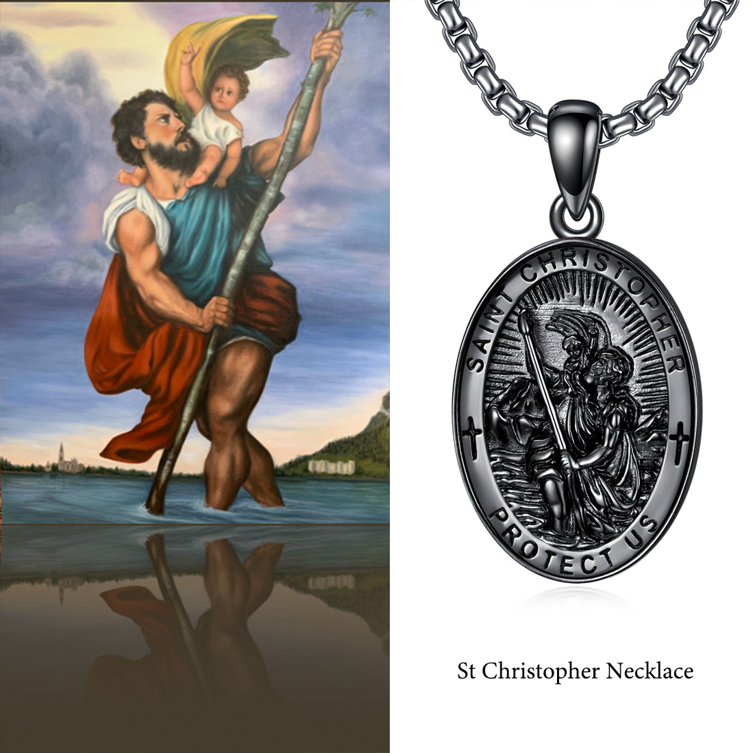 Sterling Silver with Black Rhodium Color Saint Christopher Pendant Necklace with Engraved Word for Men-5