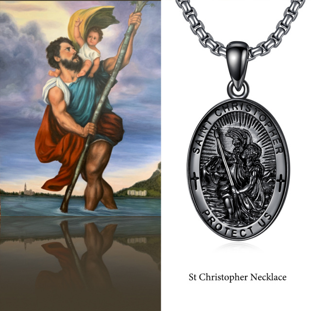 Sterling Silver with Black Rhodium Color Saint Christopher Pendant Necklace with Engraved Word for Men-4