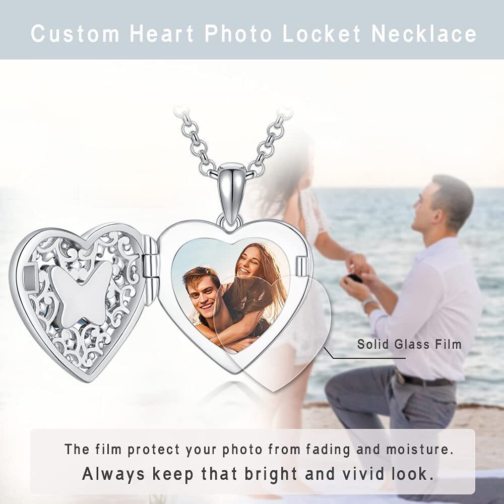 Sterling Silver Heart Shaped Crystal Personalized Photo & Heart Personalized Photo Locket Necklace-4