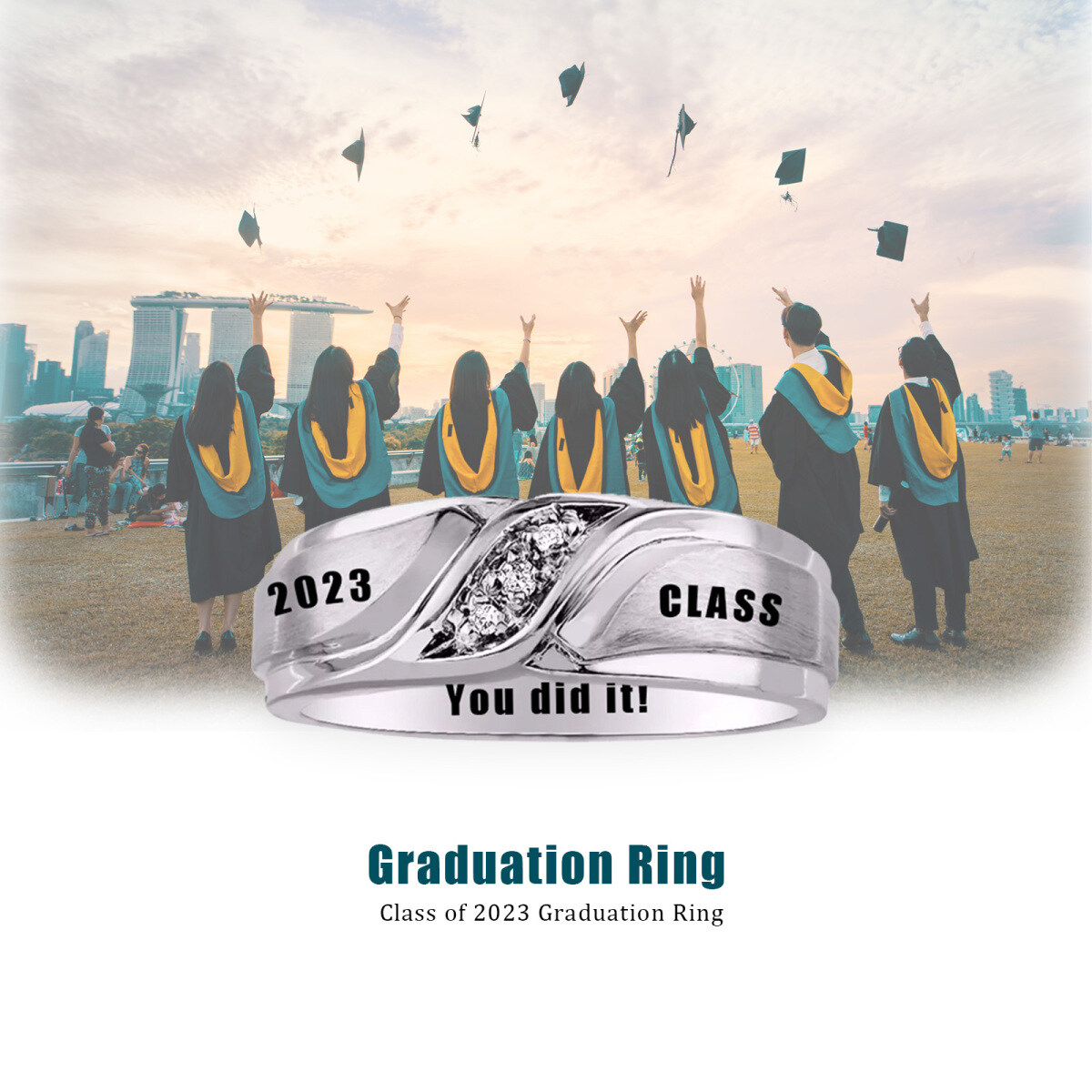 Anillo de plata de ley con circonita redonda chapada en oro rosa y piedra natal de graduación para niña-5