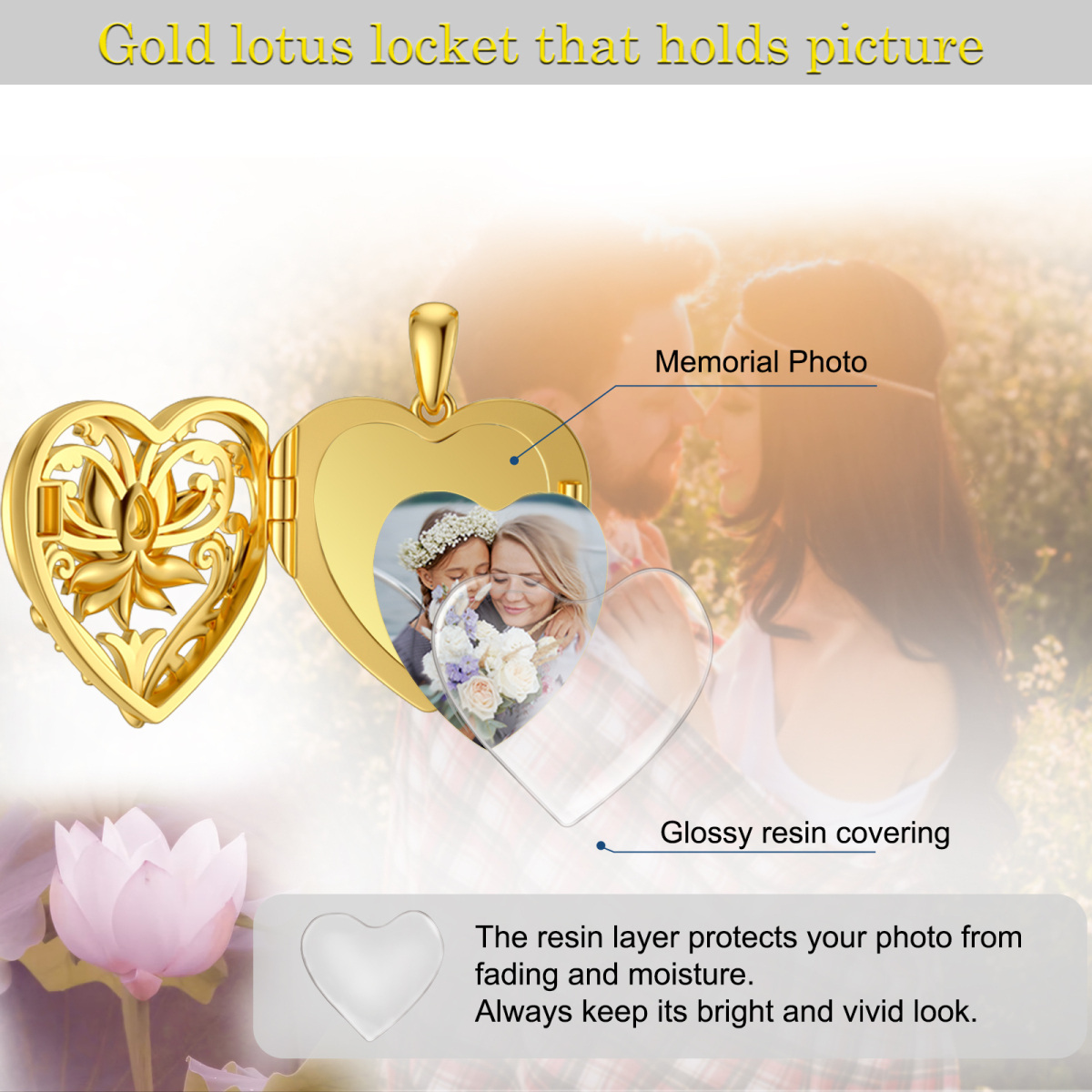 Sterling Silver with Yellow Gold Plated Crystal & Personalized Engraving Lotus & Personalized Photo & Heart Personalized Photo Locket Necklace-6