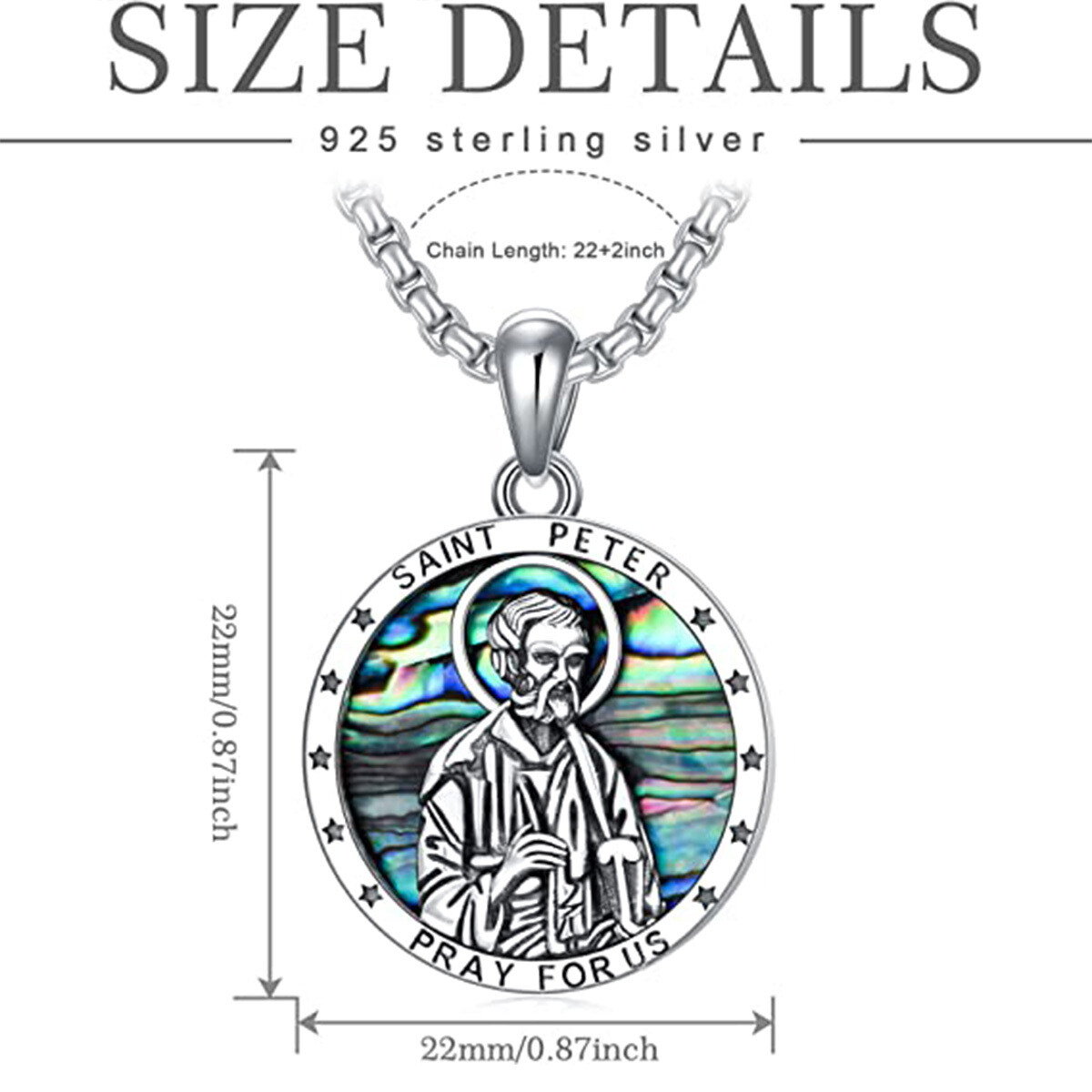 Sterling Silver Circular Shaped Abalone Shellfish Saint Peter Pendant Necklace with Engraved Word for Men-6