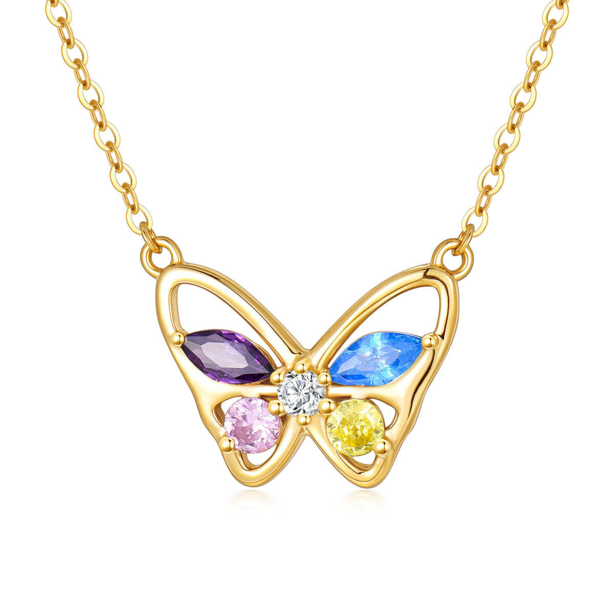 14K Gold Round Cubic Zirconia Butterfly Pendant Necklace-1