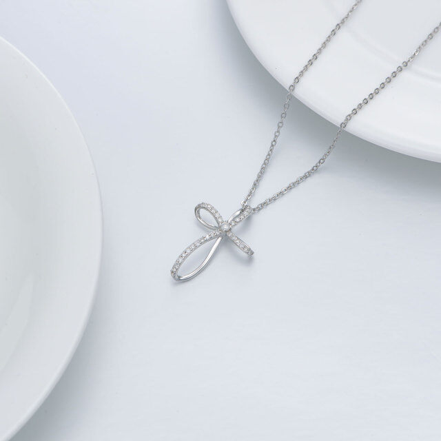 Sterling Silver Round Diamond Cross Pendant Necklace-2