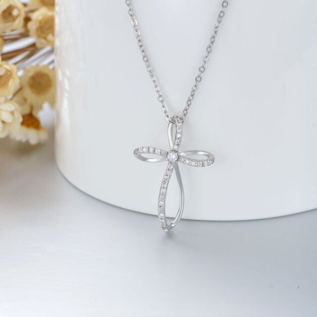 Sterling Silver Round Diamond Cross Pendant Necklace-3