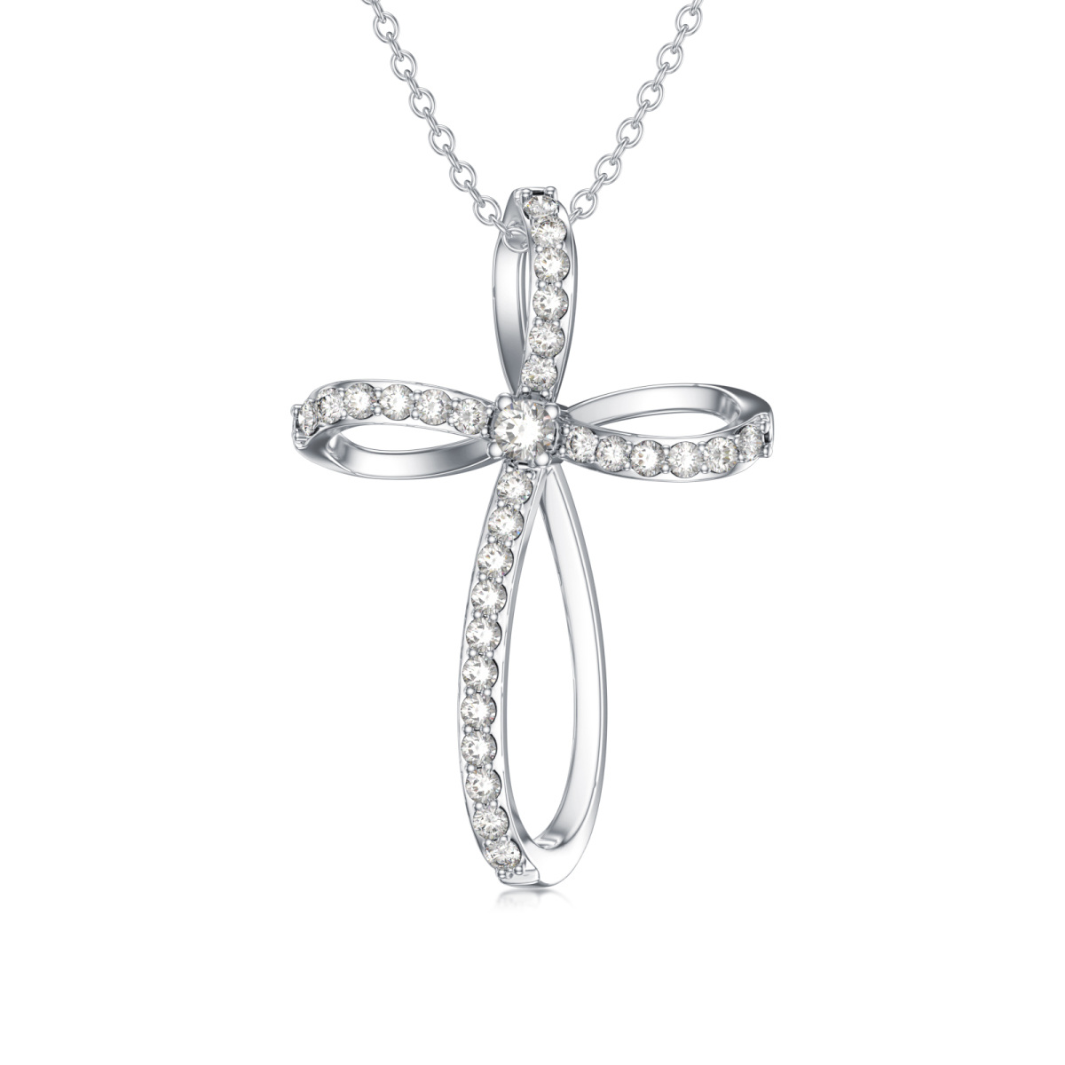 Sterling Silver Round Diamond Cross Pendant Necklace-1