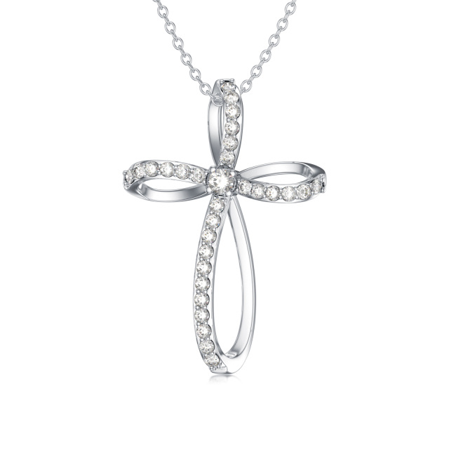 Sterling Silver Round Diamond Cross Pendant Necklace-0