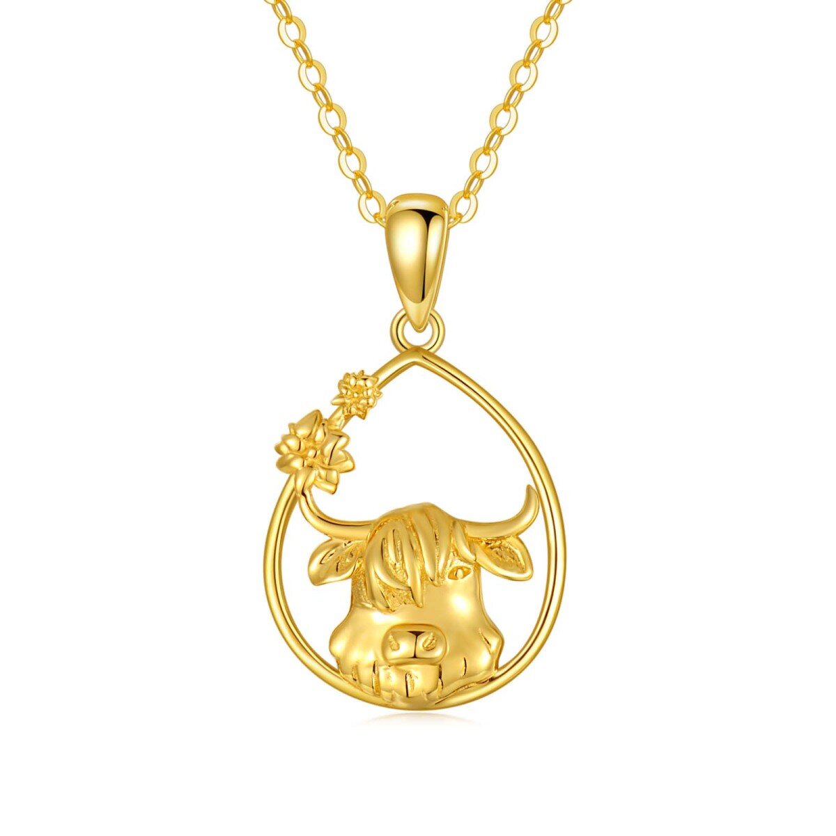 14K Gold Highland Cow & Drop Shape Pendant Necklace-1