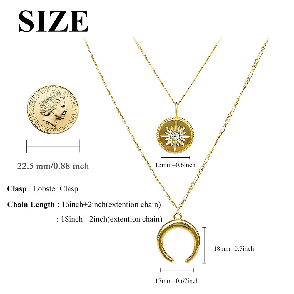 Sterling Silver with Yellow Gold Plated Round Cubic Zirconia Moon & Sun Layered Necklace-8