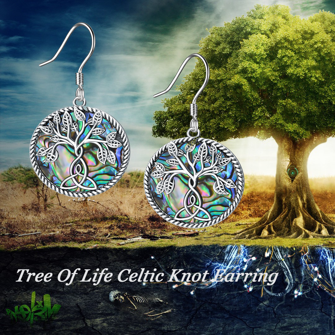 Sterling Silver Abalone Shellfish Tree Of Life & Celtic Knot Drop Earrings-6