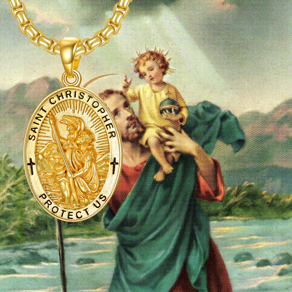 Sterling Silver with Yellow Gold Plated Saint Christopher Pendant Necklace with Engraved Word for Men-5