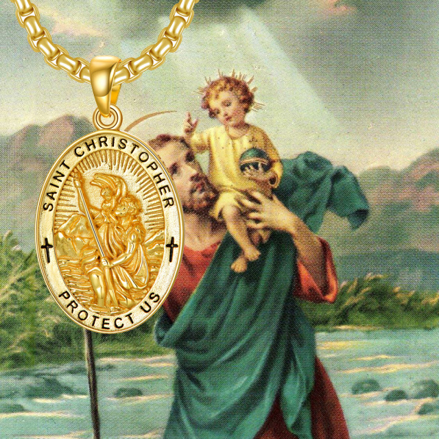 Sterling Silver with Yellow Gold Plated Saint Christopher Pendant Necklace with Engraved Word for Men-4