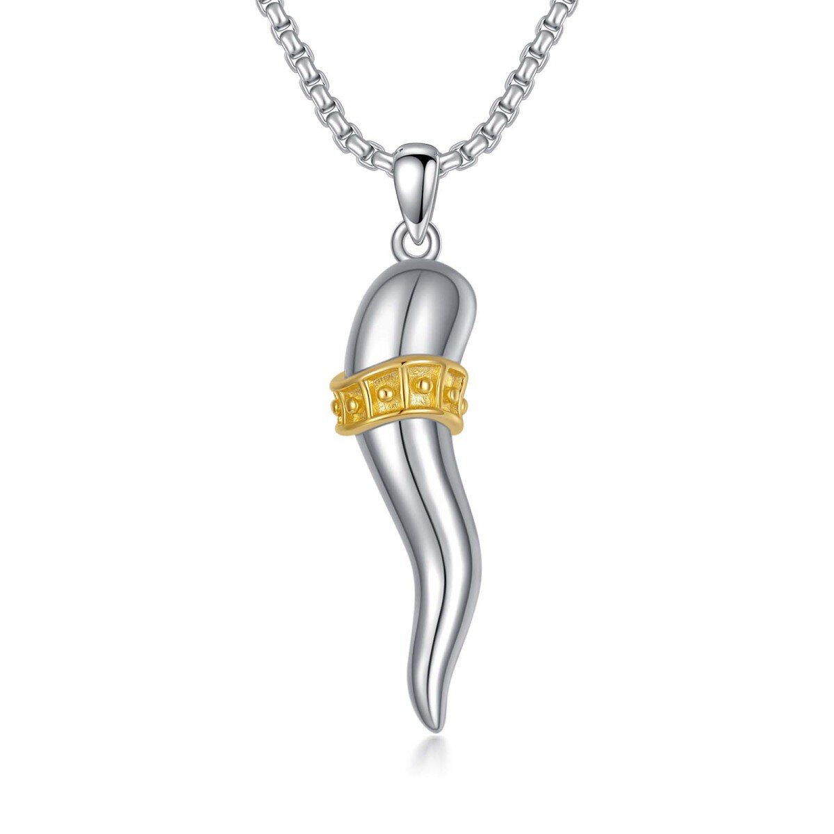 Sterling Silver Two-tone Italian Horn Lucky Pendant Necklace-1