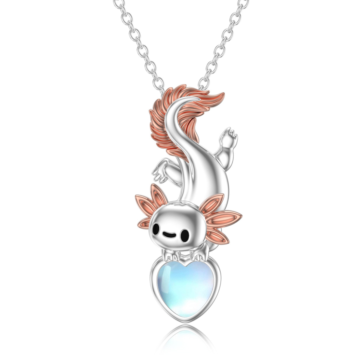 Sterling Silver Two-tone Heart Shaped Moonstone Axolotl & Heart Pendant Necklace-1