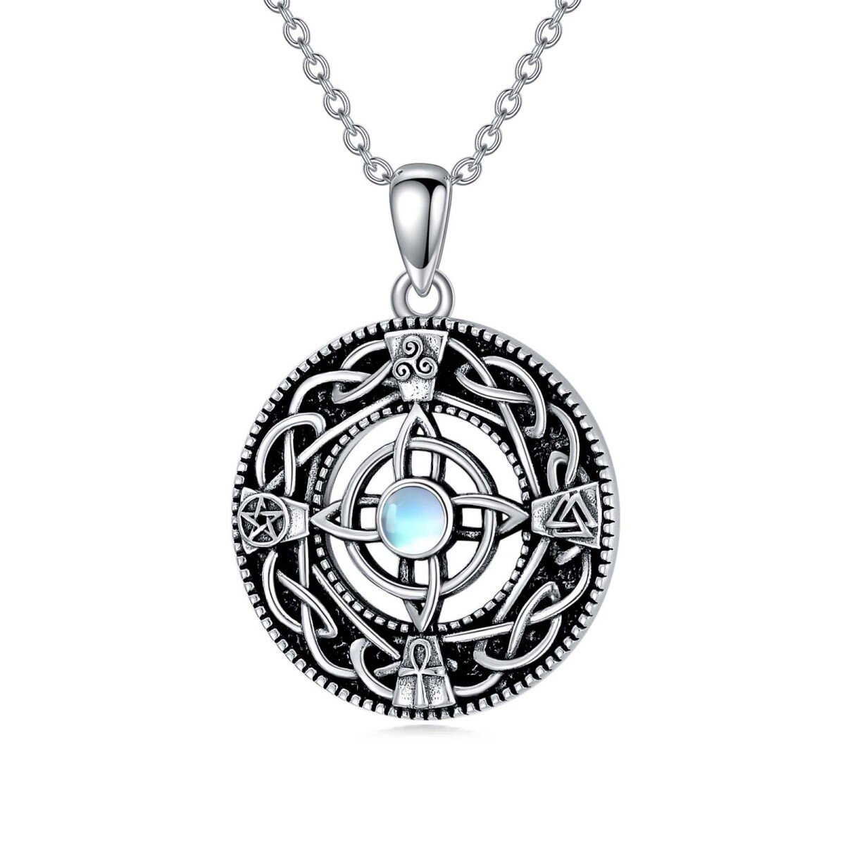 Sterling Silber kreisförmig Mondstein Triforce keltischen Knoten Anhänger Halskette-1