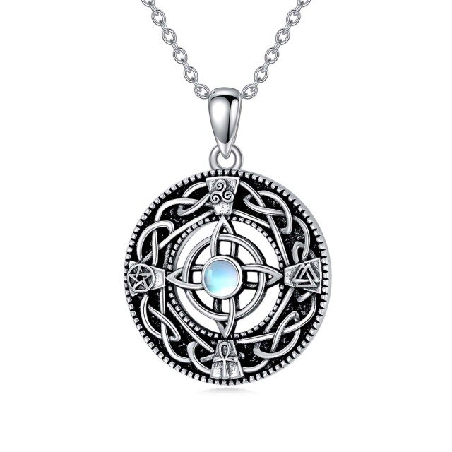 Sterling Silber kreisförmig Mondstein Triforce keltischen Knoten Anhänger Halskette-0