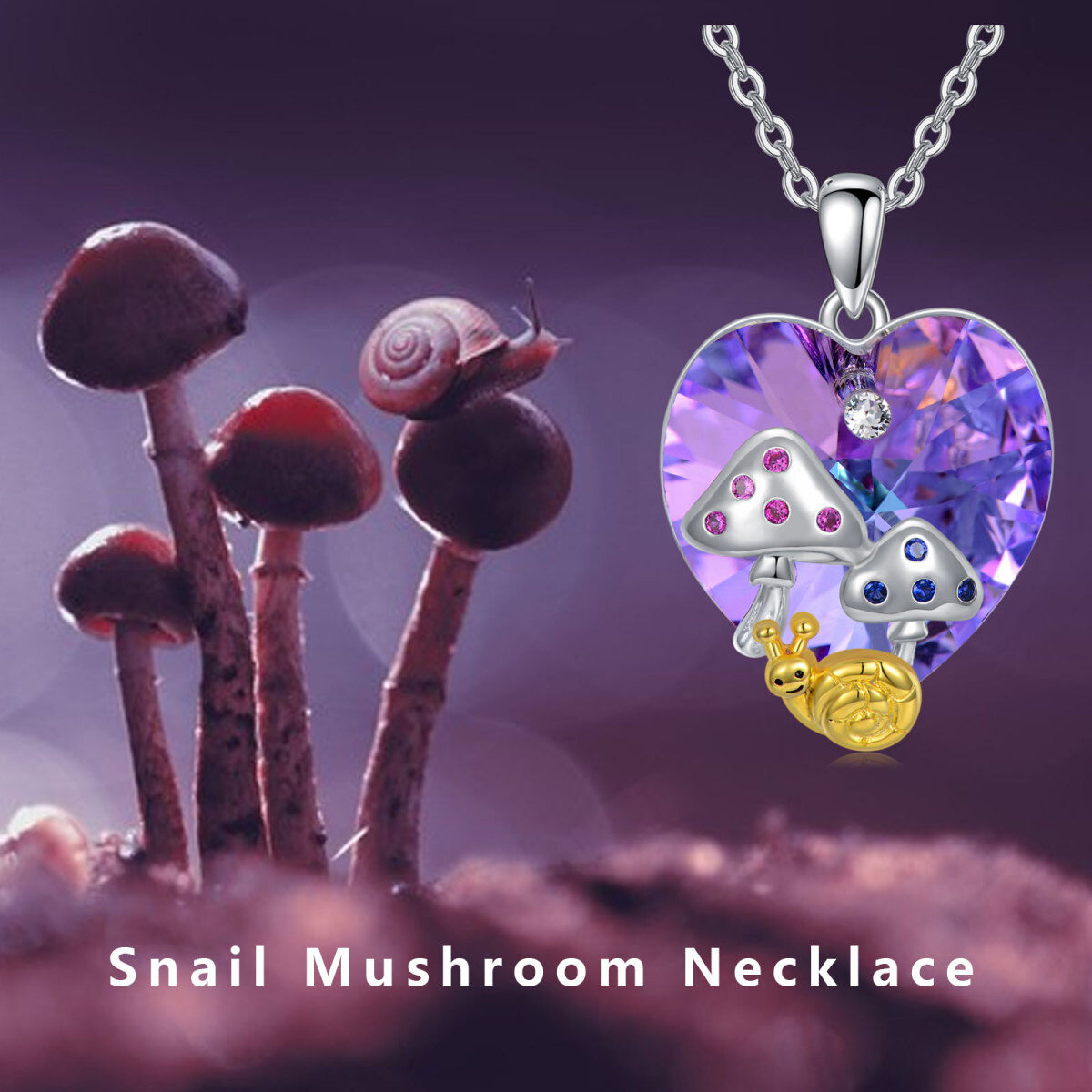 Sterling Silver Heart Crystal Mushroom Pendant Necklace-7