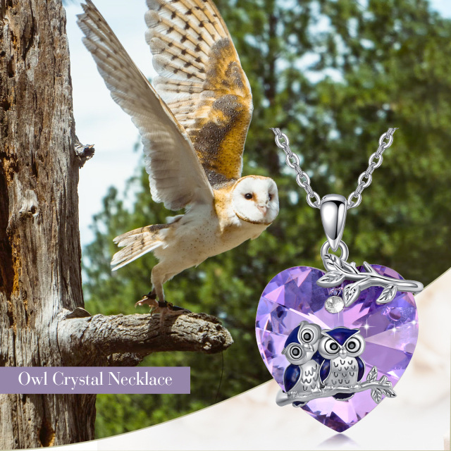 Sterling Silver Heart Owl & Heart Crystal Pendant Necklace-3